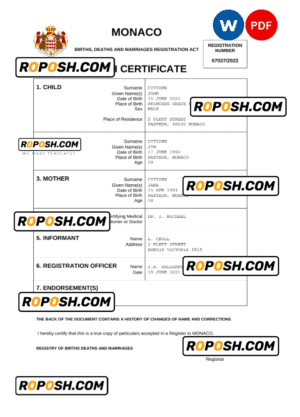 Monaco vital record birth certificate Word and PDF template, completely editable