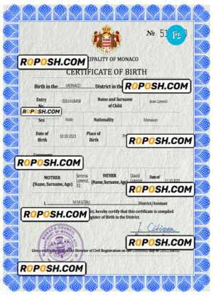 Monaco vital record birth certificate PSD template, fully editable