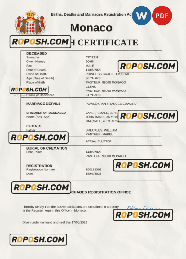 Monaco vital record death certificate Word and PDF template