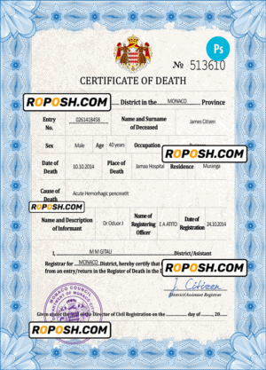 Monaco vital record death certificate PSD template
