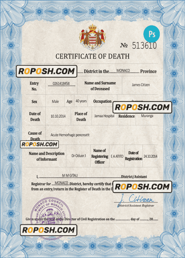 Monaco vital record death certificate PSD template