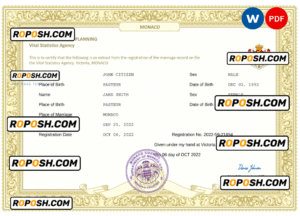 Monaco marriage certificate Word and PDF template, fully editable