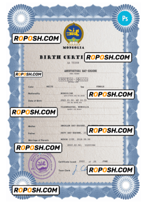 Mongolia birth certificate PSD template, completely editable
