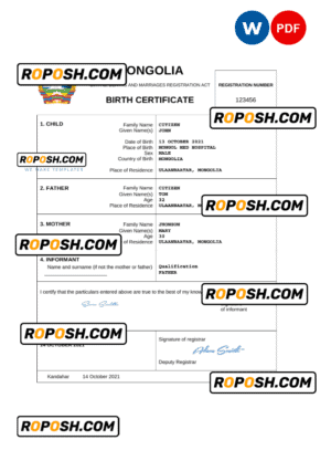 Mongolia birth certificate Word and PDF template, completely editable