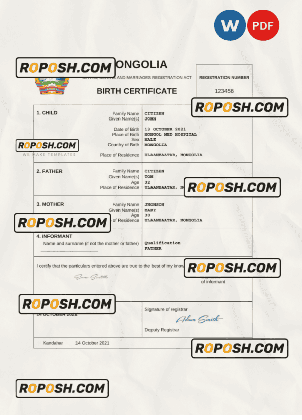 Mongolia birth certificate Word and PDF template, completely editable