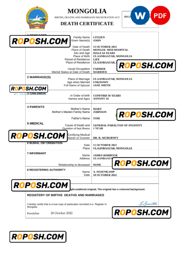 Mongolia vital record death certificate Word and PDF template