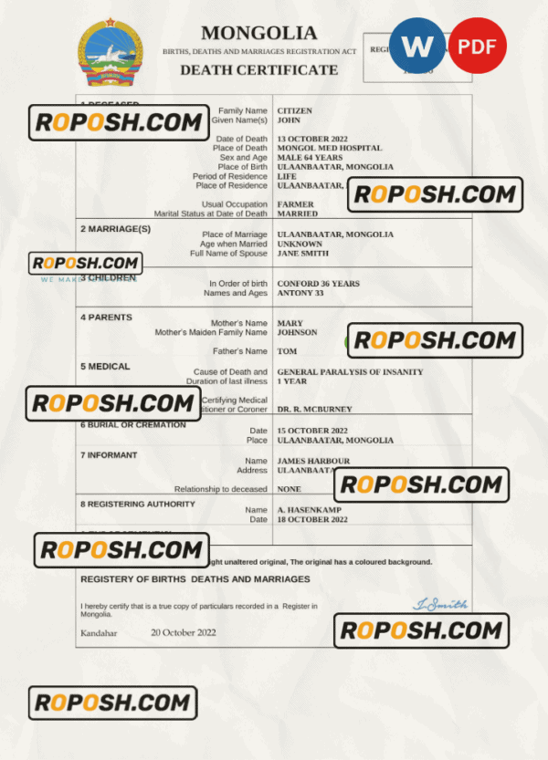 Mongolia vital record death certificate Word and PDF template