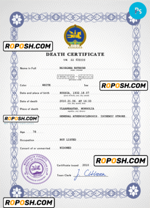 Mongolia death certificate PSD template, completely editable