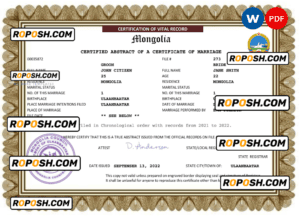 Mongolia marriage certificate Word and PDF template, completely editable