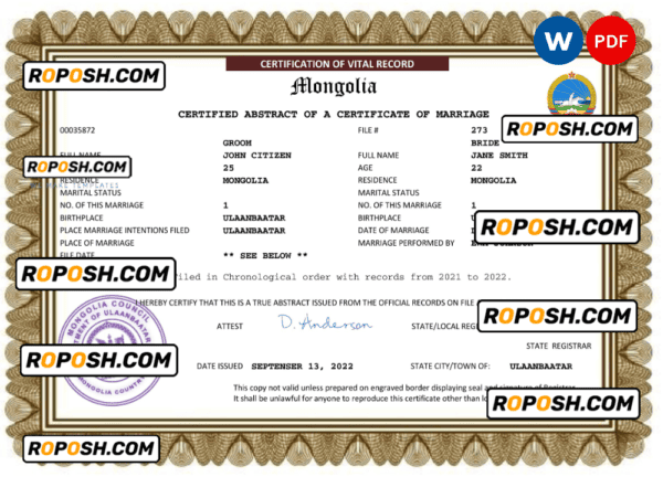 Mongolia marriage certificate Word and PDF template, completely editable