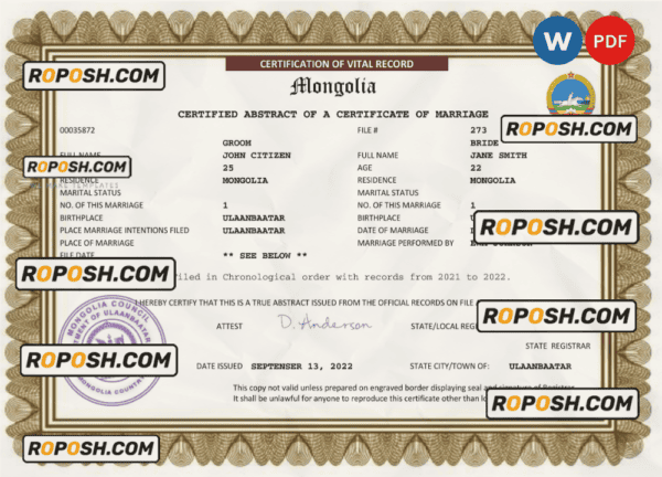Mongolia marriage certificate Word and PDF template, completely editable