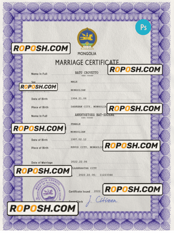 Mongolia marriage certificate PSD template, fully editable