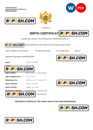 Montenegro birth certificate Word and PDF template, completely editable