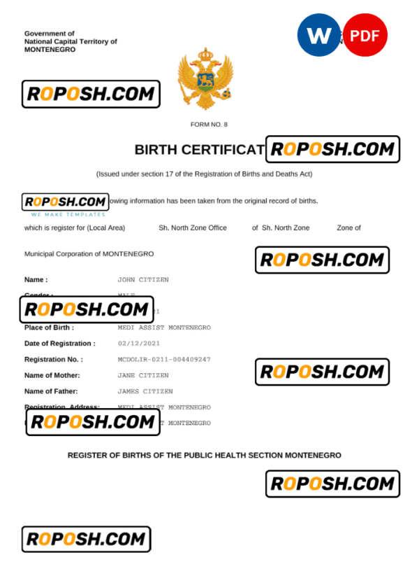 Montenegro birth certificate Word and PDF template, completely editable