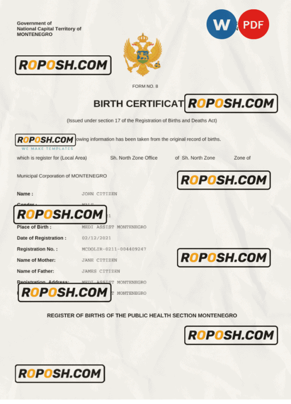 Montenegro birth certificate Word and PDF template, completely editable