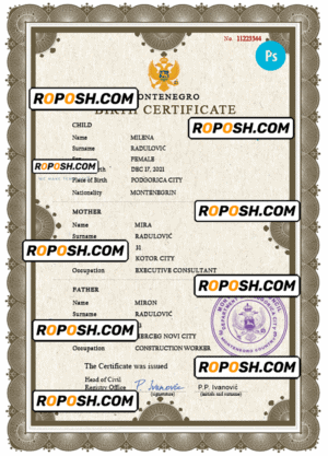 Montenegro vital record birth certificate PSD template