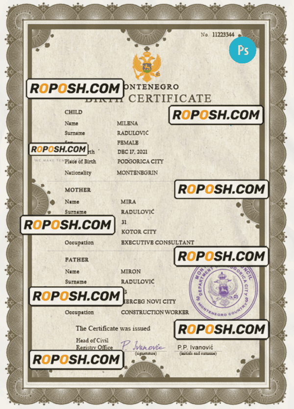 Montenegro vital record birth certificate PSD template
