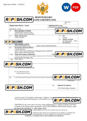 Montenegro death certificate Word and PDF template, completely editable