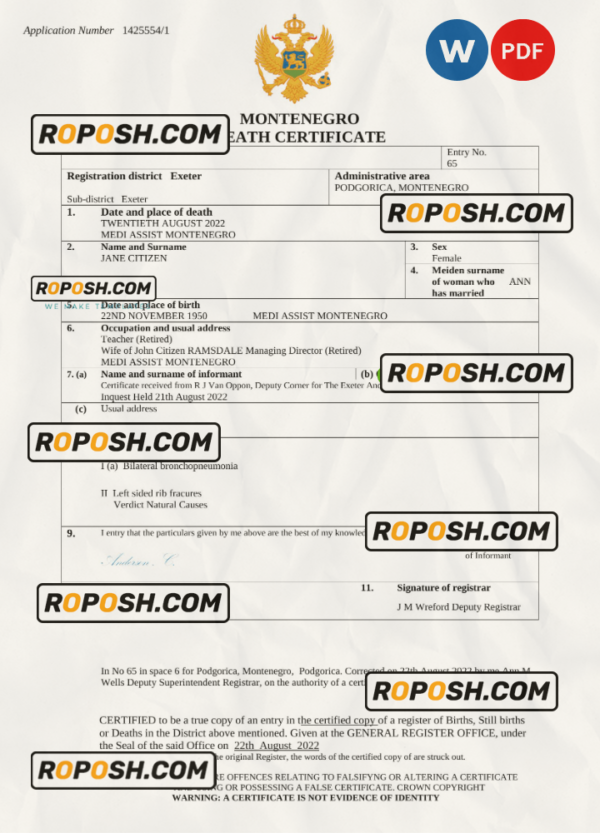 Montenegro death certificate Word and PDF template, completely editable scan effect
