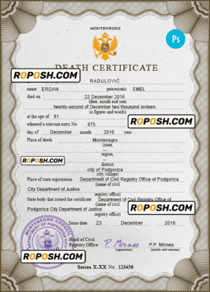 Montenegro vital record death certificate PSD template, fully editable