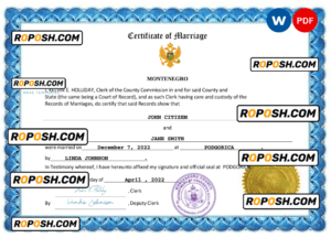 Montenegro marriage certificate Word and PDF template, fully editable