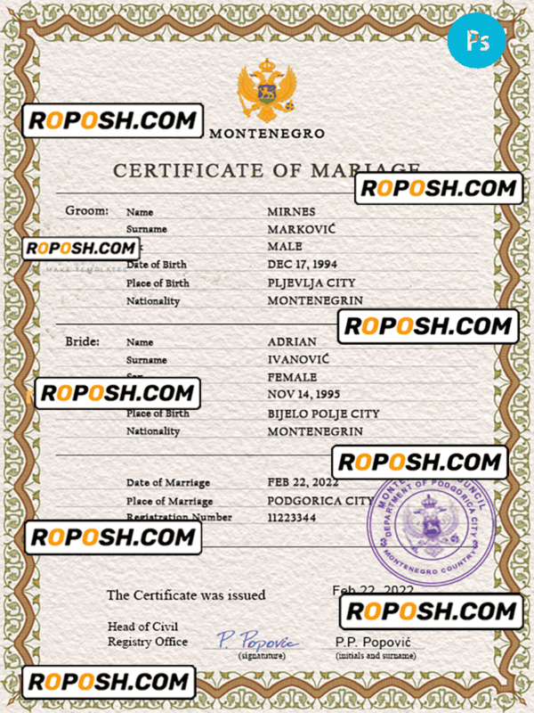 Montenegro marriage certificate PSD template, completely editable