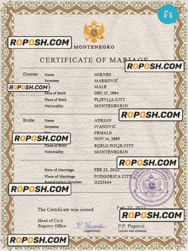Montenegro marriage certificate PSD template, completely editable