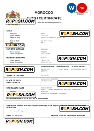 Morocco vital record birth certificate Word and PDF template, completely editable