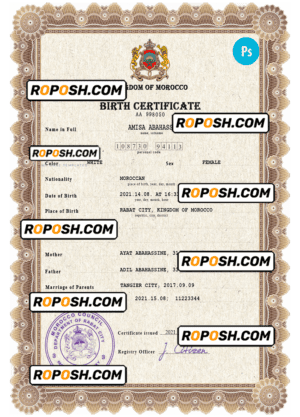 Morocco vital record birth certificate PSD template, fully editable