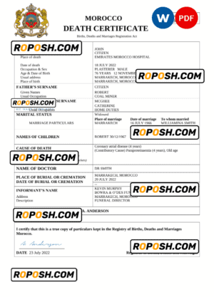 Morocco vital record death certificate Word and PDF template