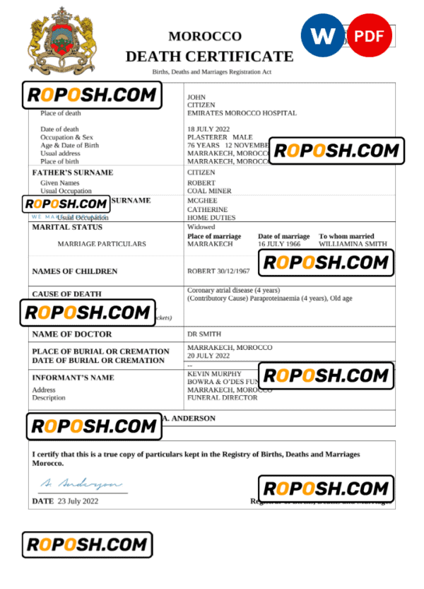 Morocco vital record death certificate Word and PDF template