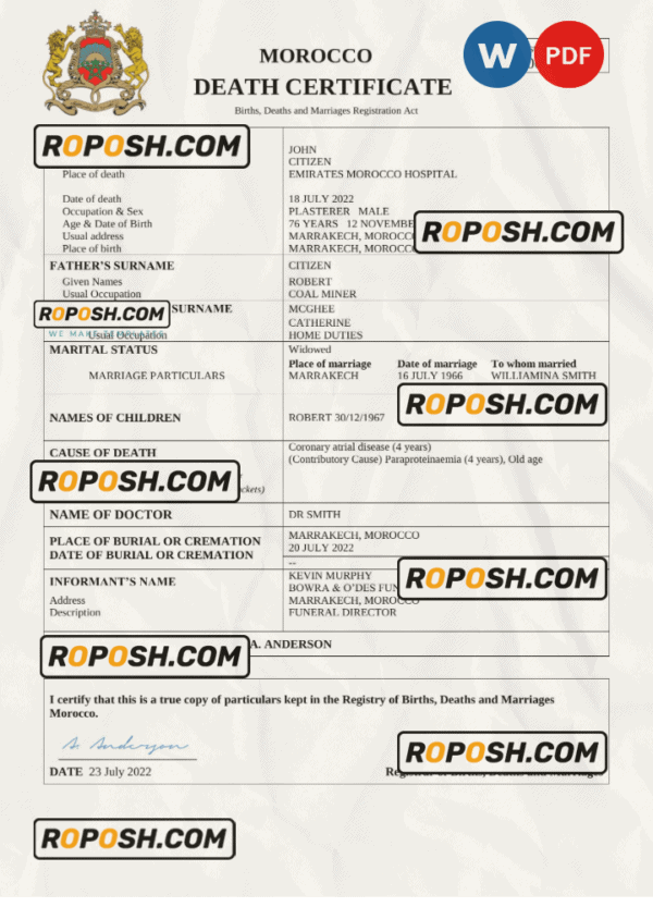 Morocco vital record death certificate Word and PDF template
