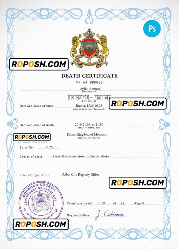 Morocco vital record death certificate PSD template, completely editable
