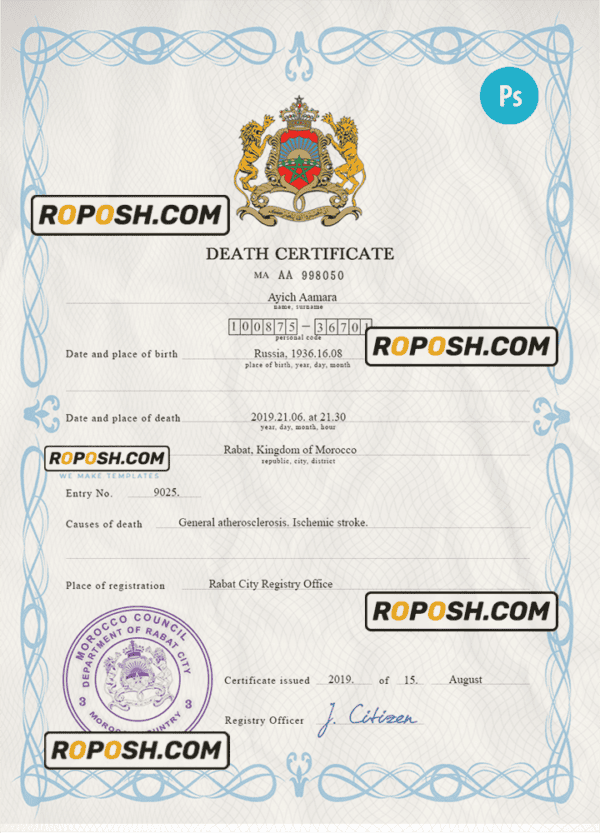 Morocco vital record death certificate PSD template, completely editable