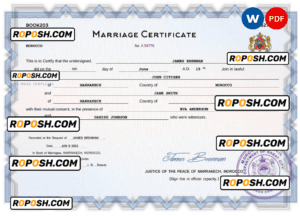 Morocco marriage certificate Word and PDF template, completely editable