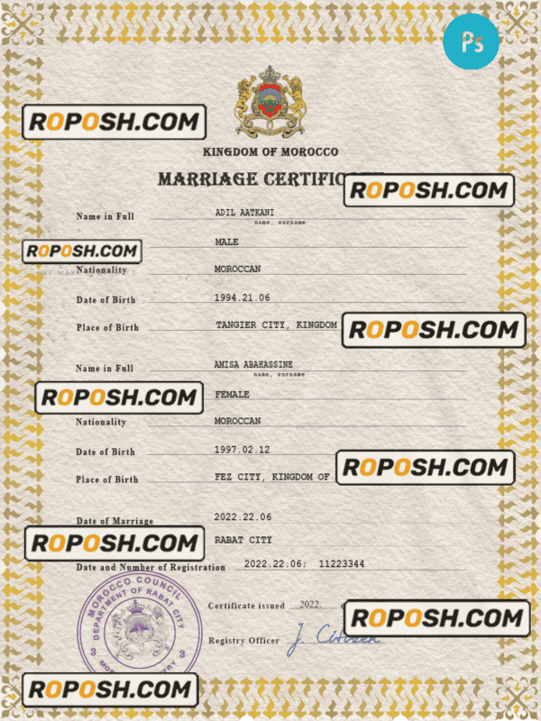 Morocco marriage certificate PSD template, fully editable