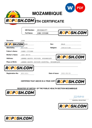 Mozambique birth certificate Word and PDF template, completely editable
