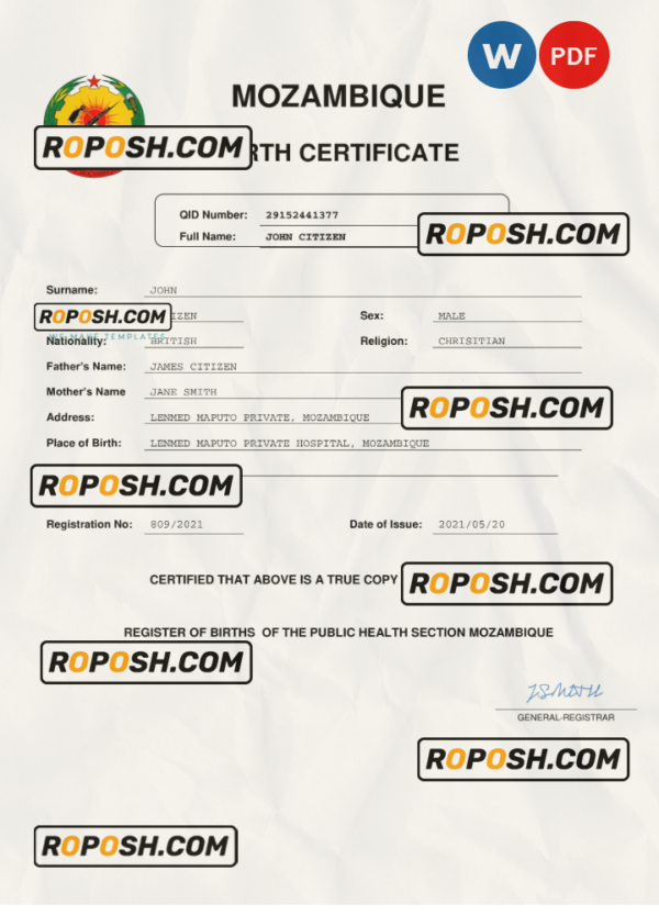 Mozambique birth certificate Word and PDF template, completely editable scan effect