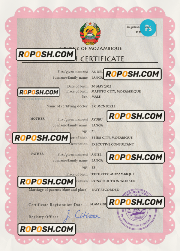 Mozambique birth certificate PSD template, completely editable scan effect