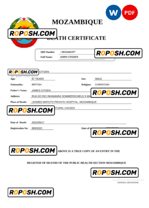 Mozambique vital record death certificate Word and PDF template
