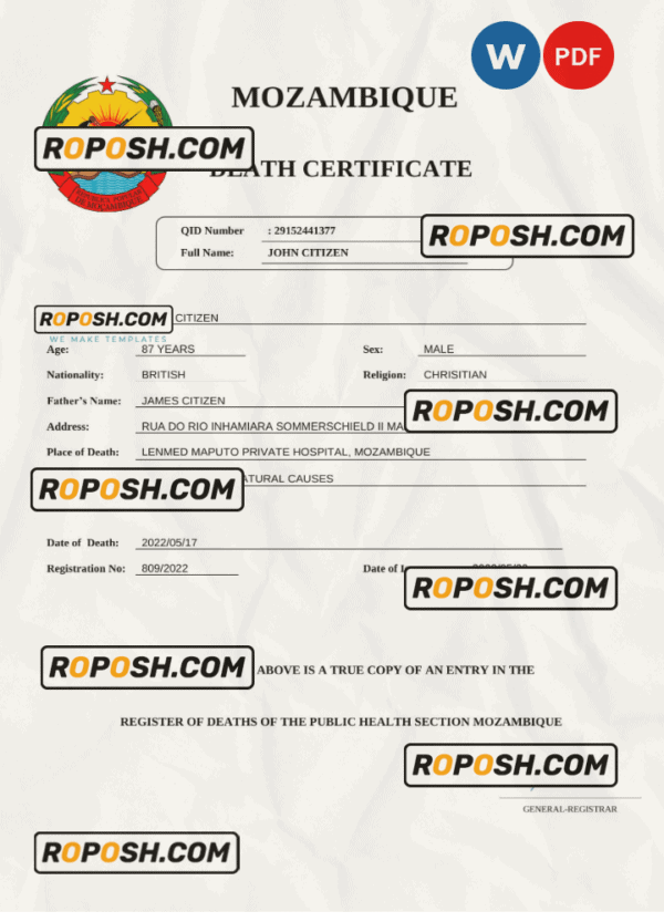 Mozambique vital record death certificate Word and PDF template