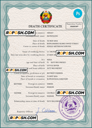 Mozambique vital record death certificate PSD template