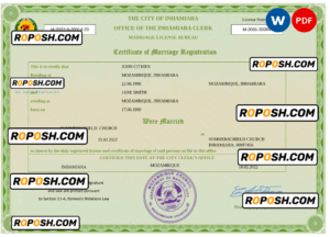 Mozambique marriage certificate Word and PDF template, fully editable