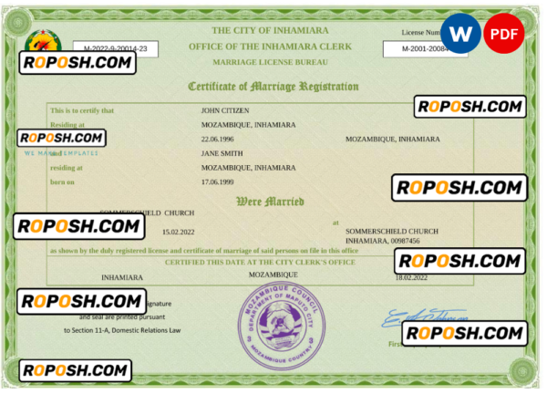 Mozambique marriage certificate Word and PDF template, fully editable