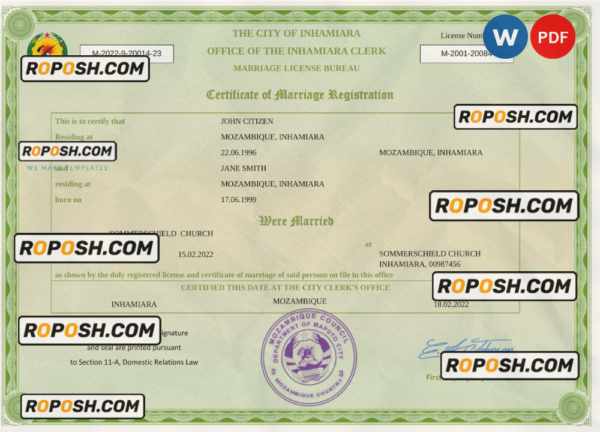 Mozambique marriage certificate Word and PDF template, fully editable