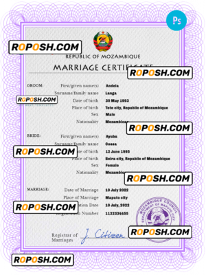 Mozambique marriage certificate PSD template, completely editable