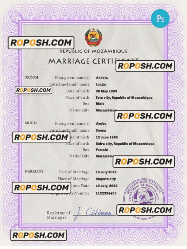 Mozambique marriage certificate PSD template, completely editable