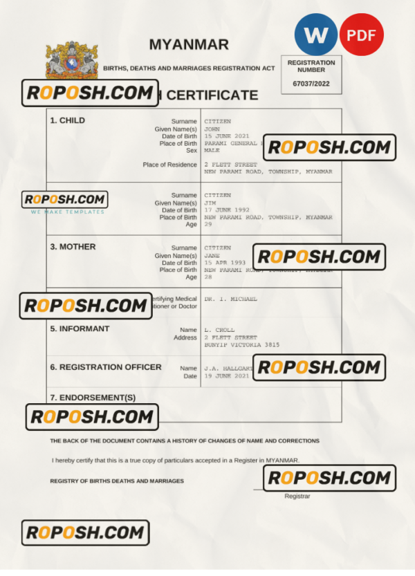 Myanmar vital record birth certificate Word and PDF template, completely editable scan effect