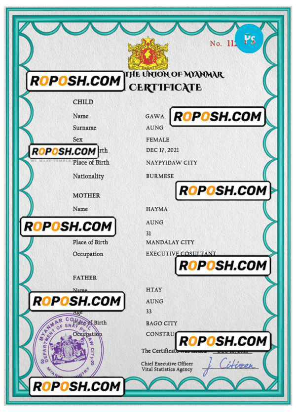 Myanmar vital record birth certificate PSD template