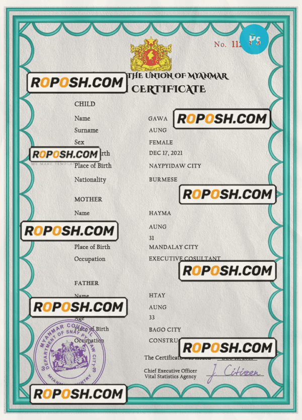 Myanmar vital record birth certificate PSD template